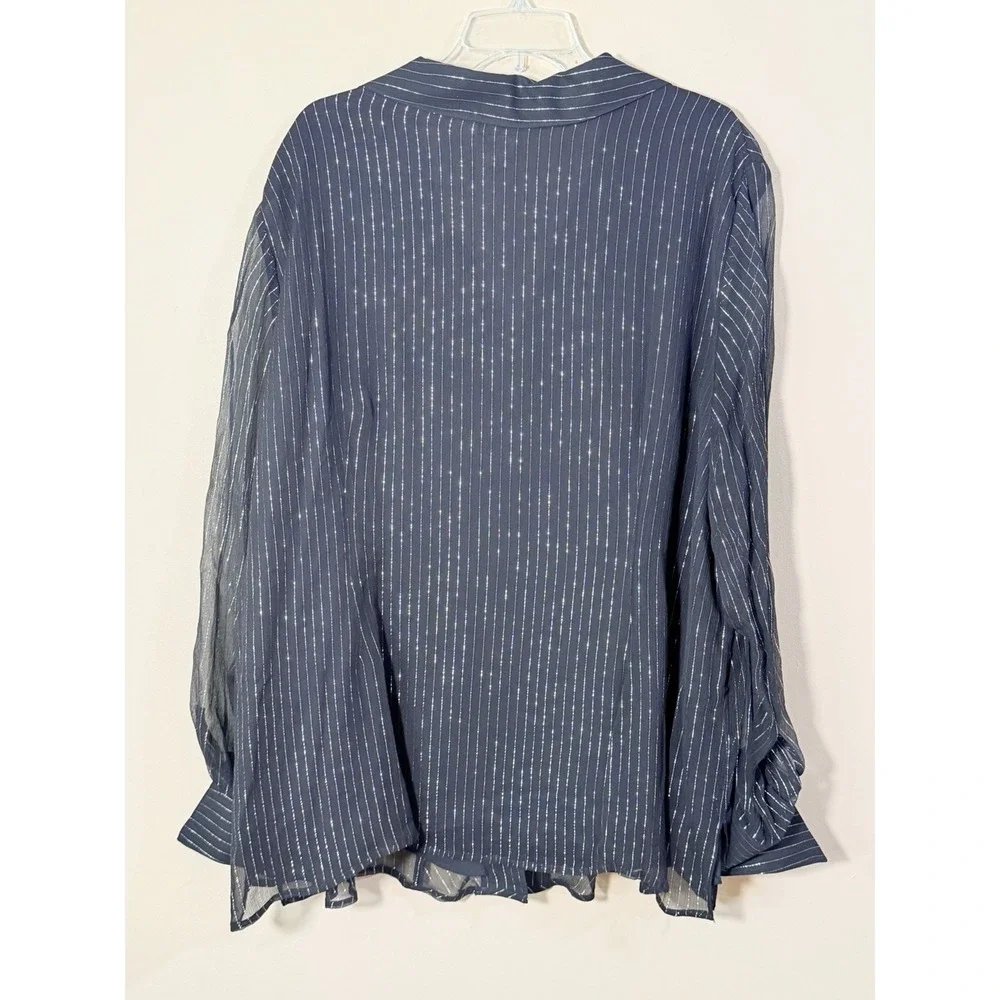 Bob Mackie Studio 3X Black Metallic Stripe Ruffle Tie Neck Sheer Blouse Top‎